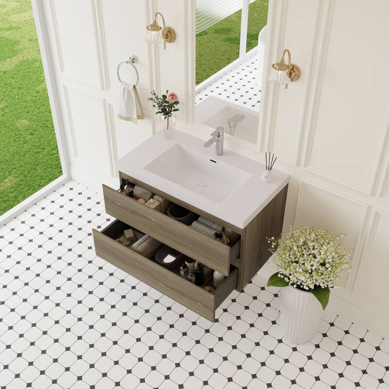 Modern Wall-Mounted Bathroom Vanity with White Solid Surface Top