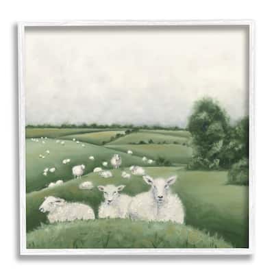 Stupell Flock Of Sheep in Green Rolling Hills Illustration Framed Wall Art,12x12