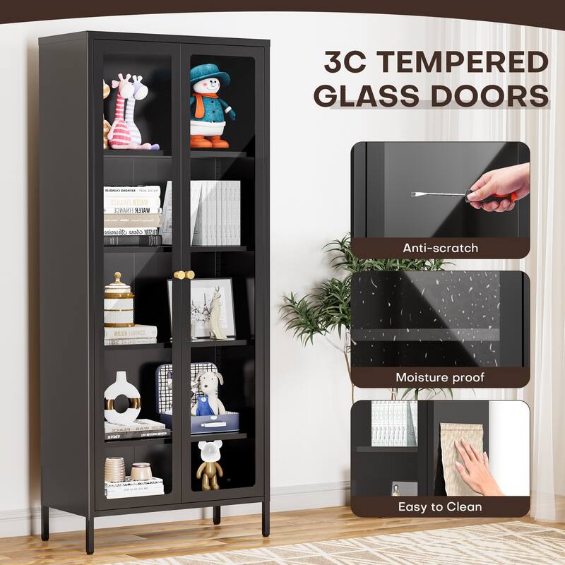 4/5-Tier Glass Curio Display Cabinet with Doors & Adjustable Storage Shelves