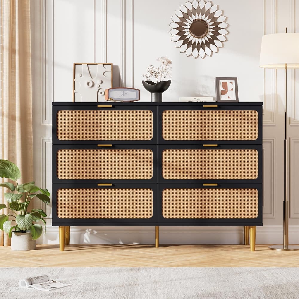 Rattan 6 Drawer Dresser for Bedroom, Large Double Dresser with Deep Drawers, Wooden Chest of Drawers for Closet with Wide Top