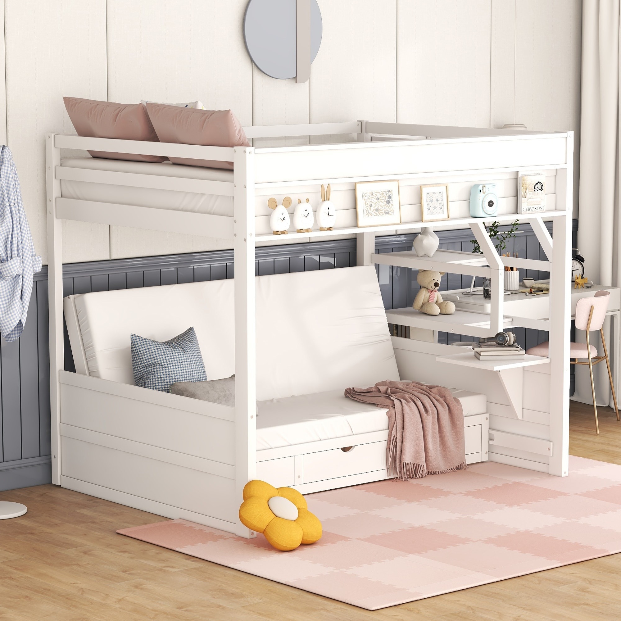 Wood Full Size Convertible Bunk Bed Modern Folding Daybed Design with Storage Staircase and Bedside Table 3 Drawers Bed Bath Beyond 37915019
