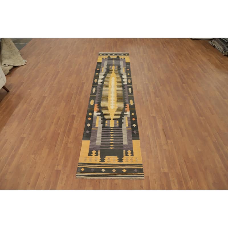 Hand Woven Oriental 100% Wool Carpet Southwestern Tribal Multi-Colored Kilim Runner Rug - 12' 0'' X 2' 8''