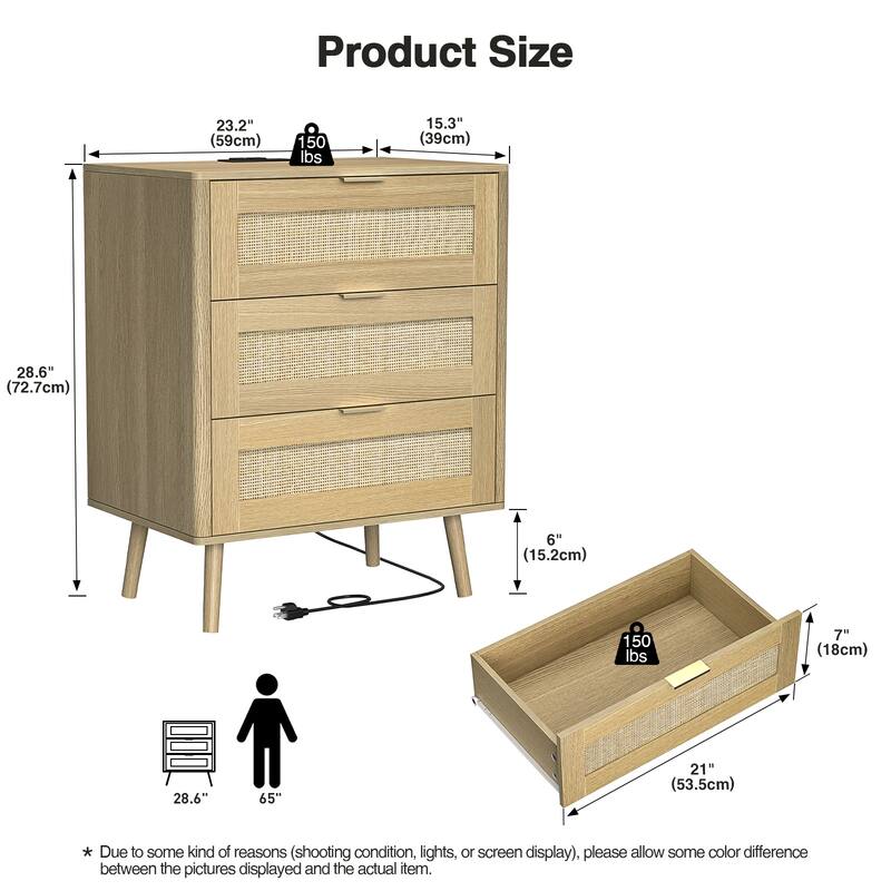 3-Drawer Rattan Dresser - Modern Boho Chest with Natural Accents, Smooth Drawers & Bedroom Storage