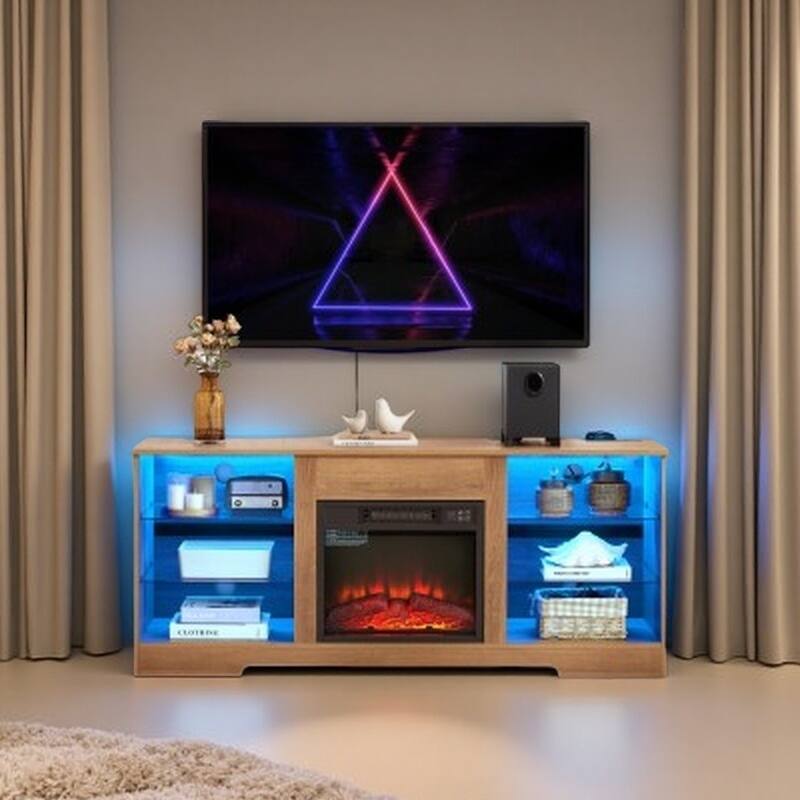 58'' TV Stand for TVs up to 62'' with 18'' Electric Fireplace, LED Lights, Glass Shelves, USB Charging Ports and Power Outlets - Oak
