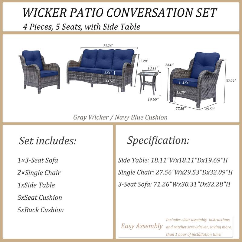 4 Piece Outdoor High Back Wicker Patio Conversation Furniture Sets