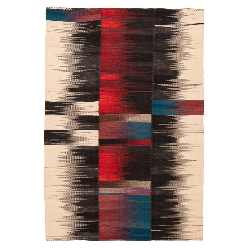 ECARPETGALLERY Flat-Weave Ankara FW Black, Ivory Wool Kilim - 6'5 x 9'3 - Black/ Ivory - 6'5 x 9'3