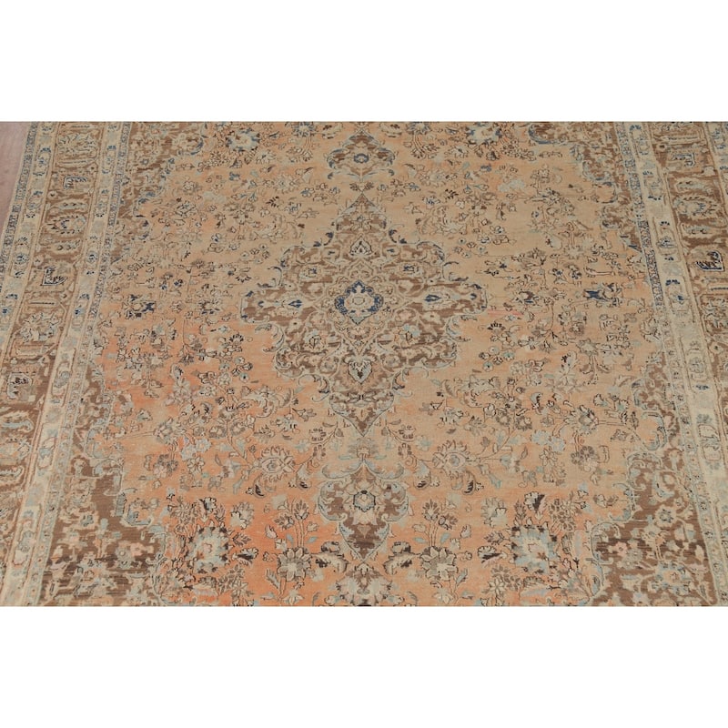 Orange Traditional Mashad Persian Vintage Rug Hand-Knotted Wool Carpet - 9'7"x 13'4"