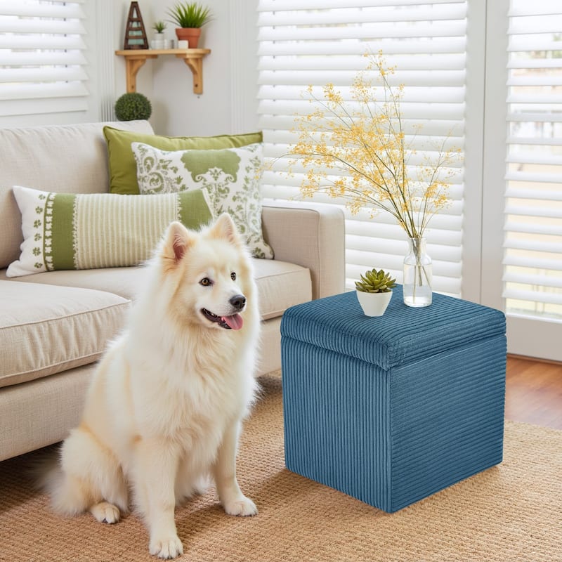 16.5"D X 16.5"W Corduroy Square Fliip Top Storage Small Ottoman Footstool for Living Room & Bedroom - Blue