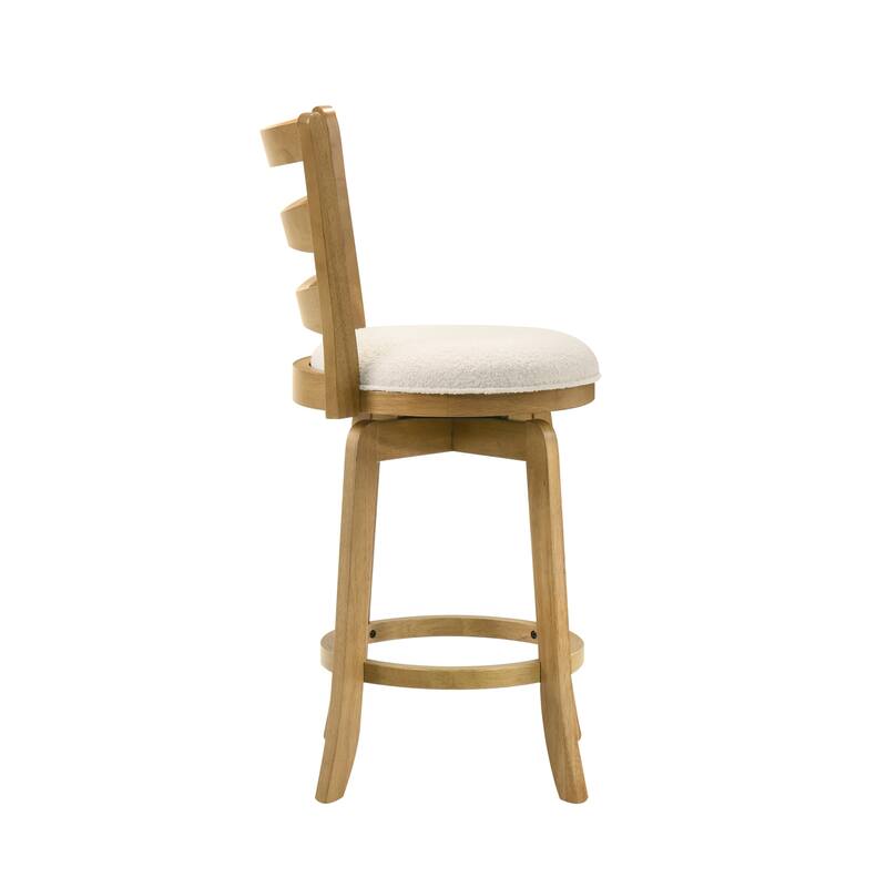 Melindra White Boucle Swivel Bar Stool, Upholstered Counter Stool with Solid Wood Legs