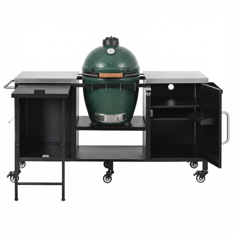 72.4" Large Grill Table Cart for Big Green Egg - Metal Outdoor Kitchen Island with Fold-out Prep Table & Adjustable Shelves