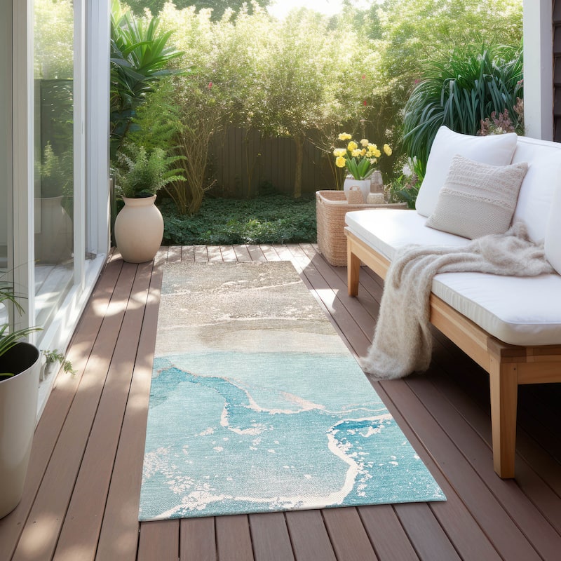 Machine Washable Indoor/ Outdoor Abstract Marble Chantille Rug - Teal - 2'3" x 7'6"