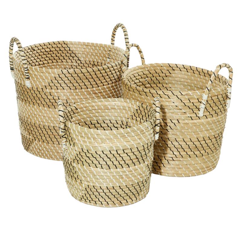 Seagrass Handmade Two Toned Storage Basket with Handles - Set of 3 Beige - Roche River Decor - 14"W x 20"L x 19"H