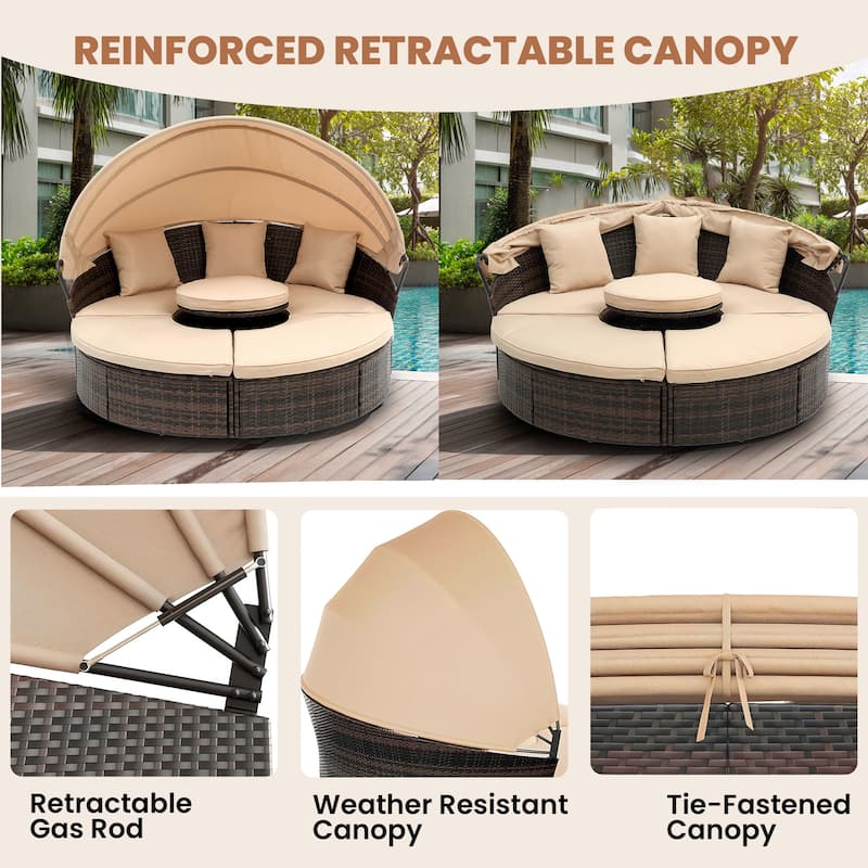 4 Piece Patio Round Rattan Daybed w/Adjustable Sun Canopy, Outdoor Sofa Bed with lift coffee table