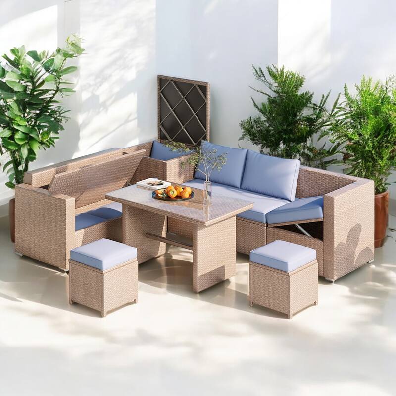 6-Piece Outdoor All-Weather PE Rattan Sofa Set with Adjustable Seating, and Glass Table for Patio, Garden, or Backyard