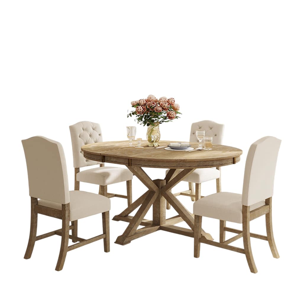 5-Piece Retro Extendable Dining Table Set with 4 Upholstered Chairs - Rubber Wood for Dining Room and Kitchen