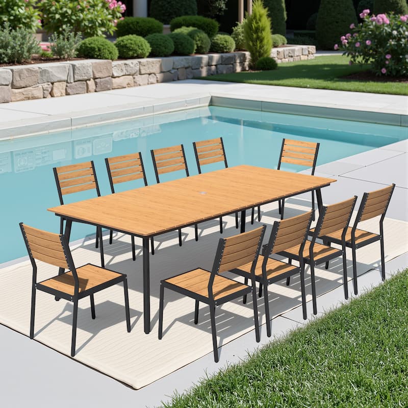 11 PCS Outdoor Rectangle Aluminum Dining Table with Umbrella Hole and 10 Stackable Chairs - Brown