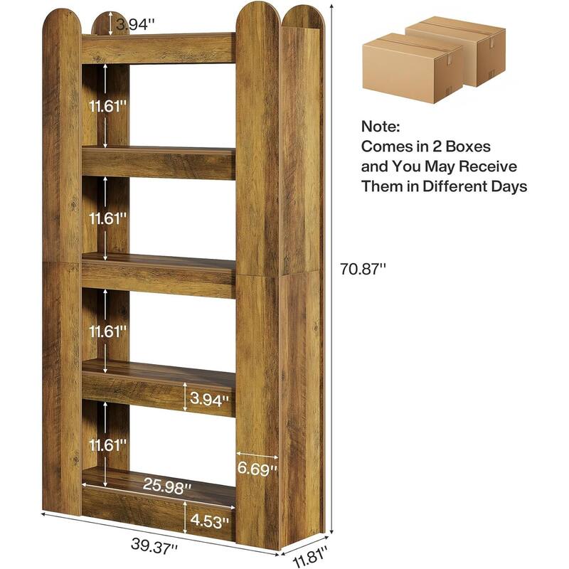 5-Tier Tall Bookshelf, 70.86-inch Farmhouse Wooden Bookcase, Freestanding Display Shelf Storage Shelves