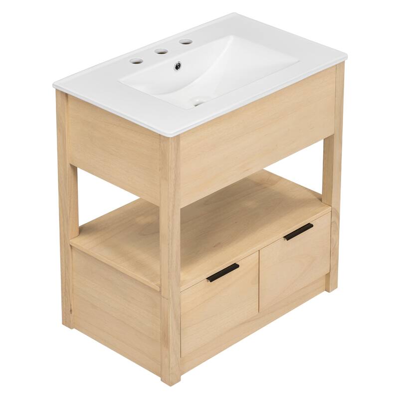 30" Bathroom Vanity with Sink Top, Bathroom Cabinet with Open Storage Shelf and Two Drawers, One Package