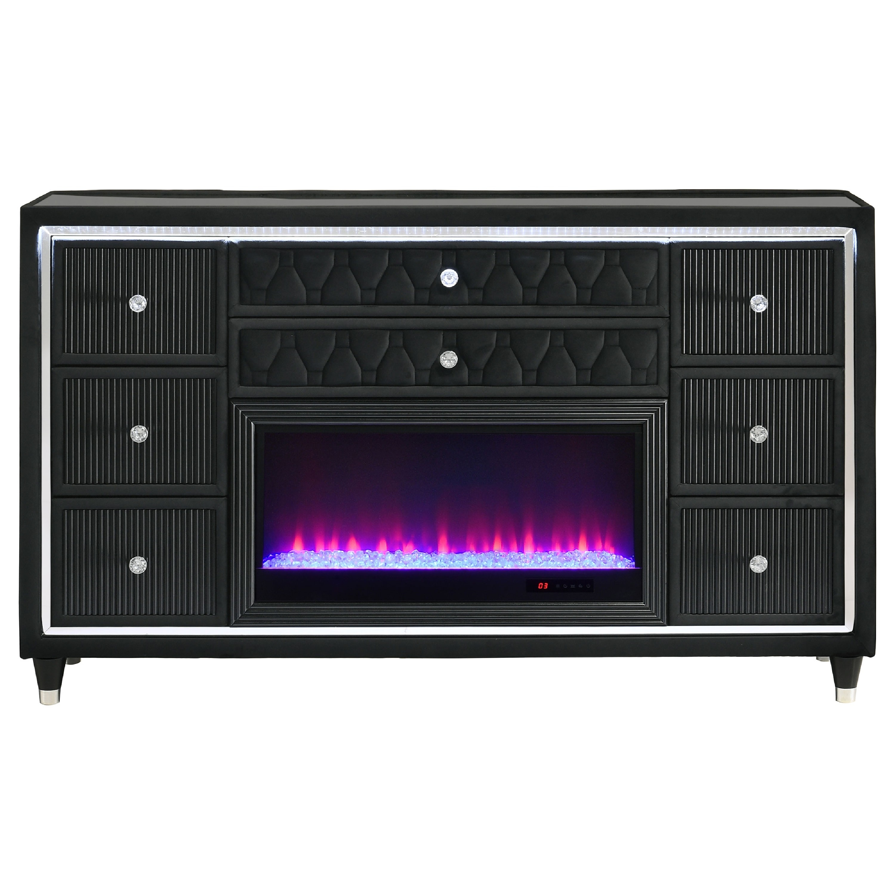 Maren Wide Dresser, 8 Drawers and LED Flame Box, Black Velvet