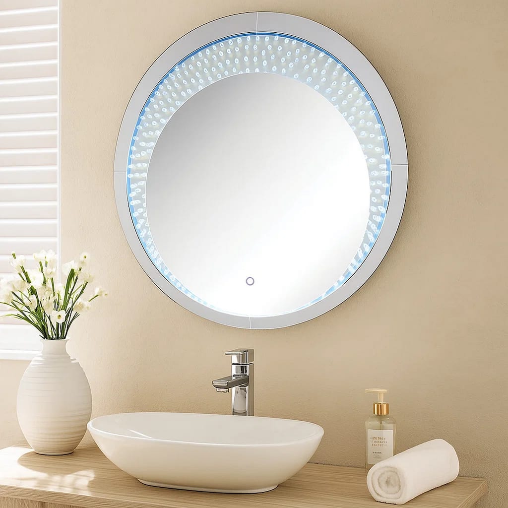 Round Accent Wall Decor with LED Bulb and Beveled Edges, Silver