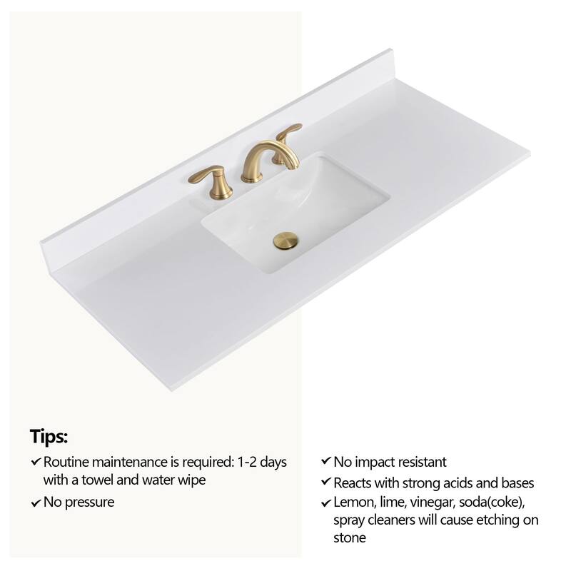 PROOX 48 inch Culture Marble Bath Solid White Vanity top with Rectangular Undermount Sink