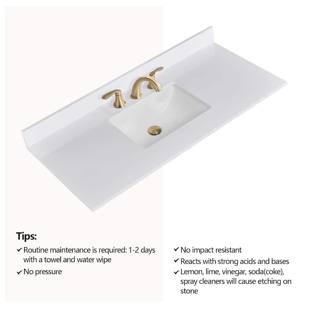 PROOX 48 inch Culture Marble Bath Solid White Vanity top with Rectangular Undermount Sink