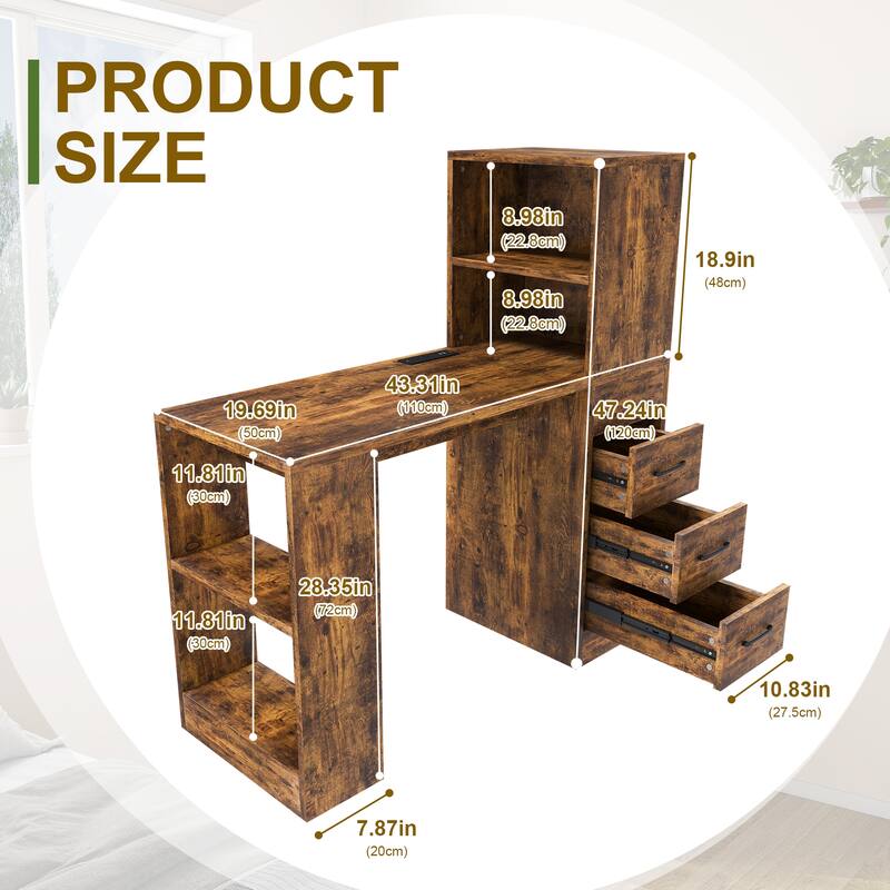 Computer Desk Small Study Table with Charging Socket, 3 Drawers