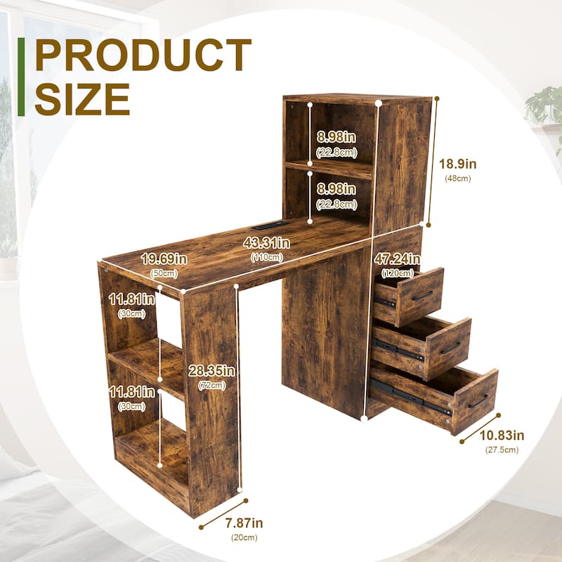 Computer Desk with 4-in-1 Socket & 3 Drawers, 4-Tier Storage Shelves, Carbonized Wood Finish Laminate for Home Office, Study