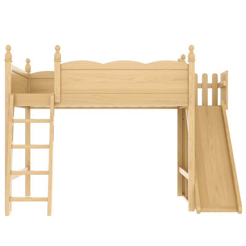 Fun Play Loft Bed for Kids with Open Shelves and Wardrobe, Solid Wood Storage Bed Frame with with Detachable Slide and Ladder