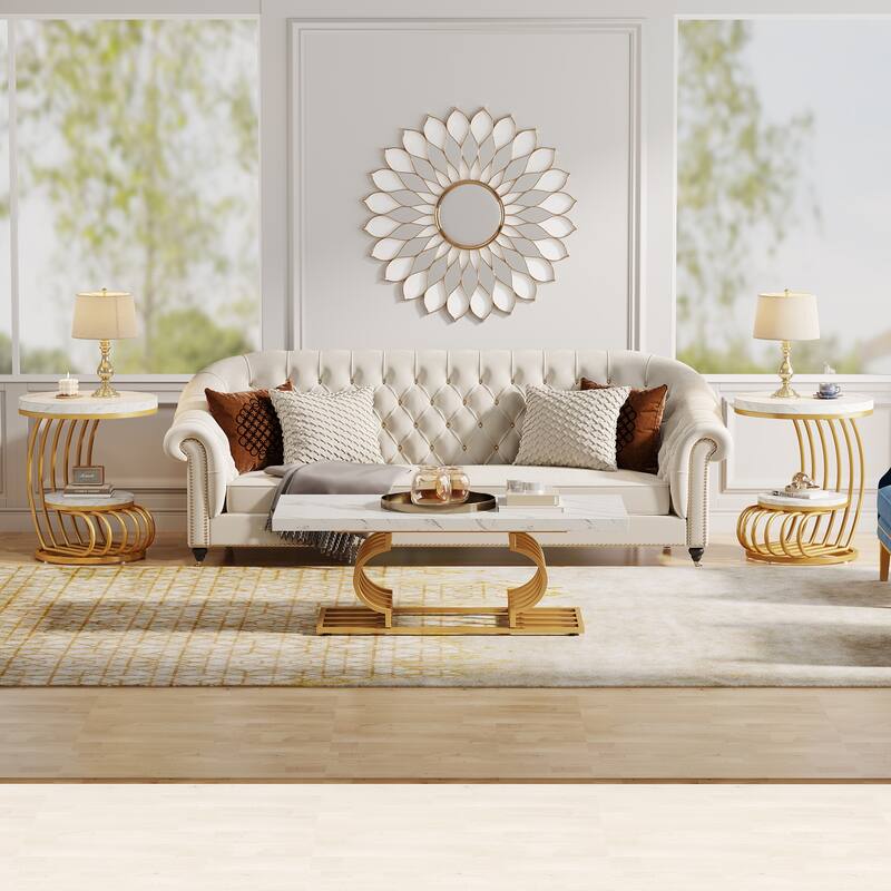 Gold Round End Table, 2 Tiers Side Table with White Faux Marble Top