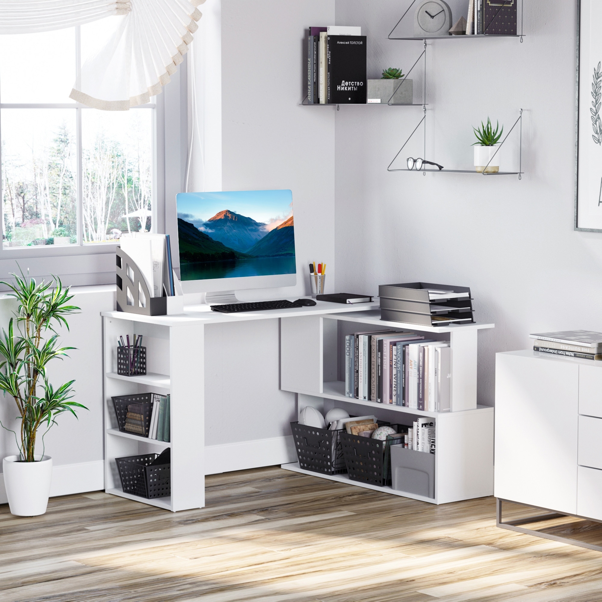 L Shaped Corner Desk, Corner Computer Desk with Storage Shelves