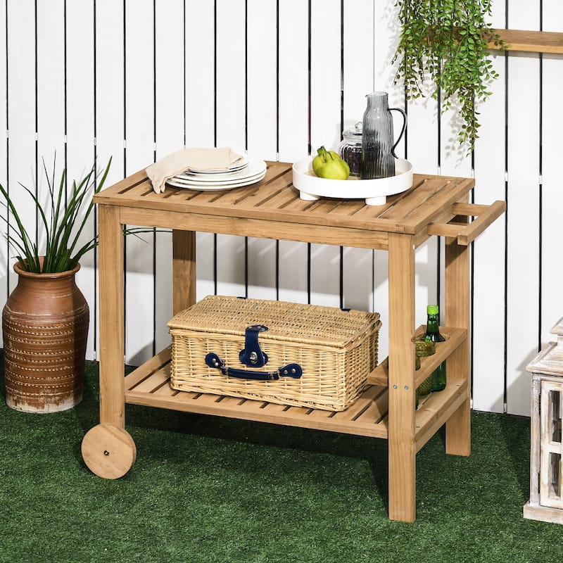 Outsunny Outdoor Bar Cart, Wood Rolling Home Bar & Serving Cart with 2 Shelves, Wine Bottle Holders for Garden - Tan