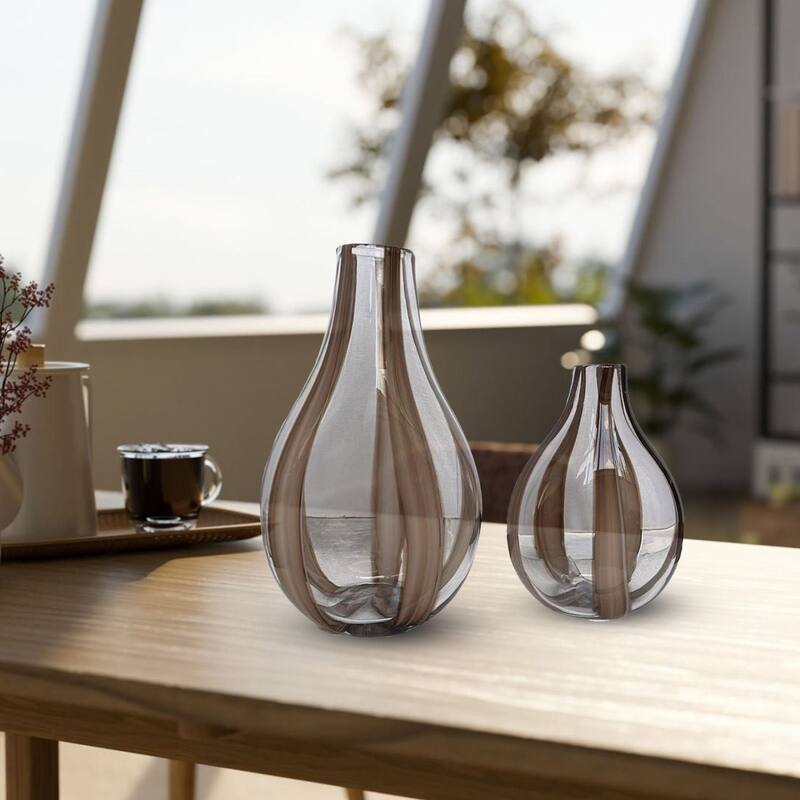 Set of Two Brown Striped Teardrop Handblown Glass Vases