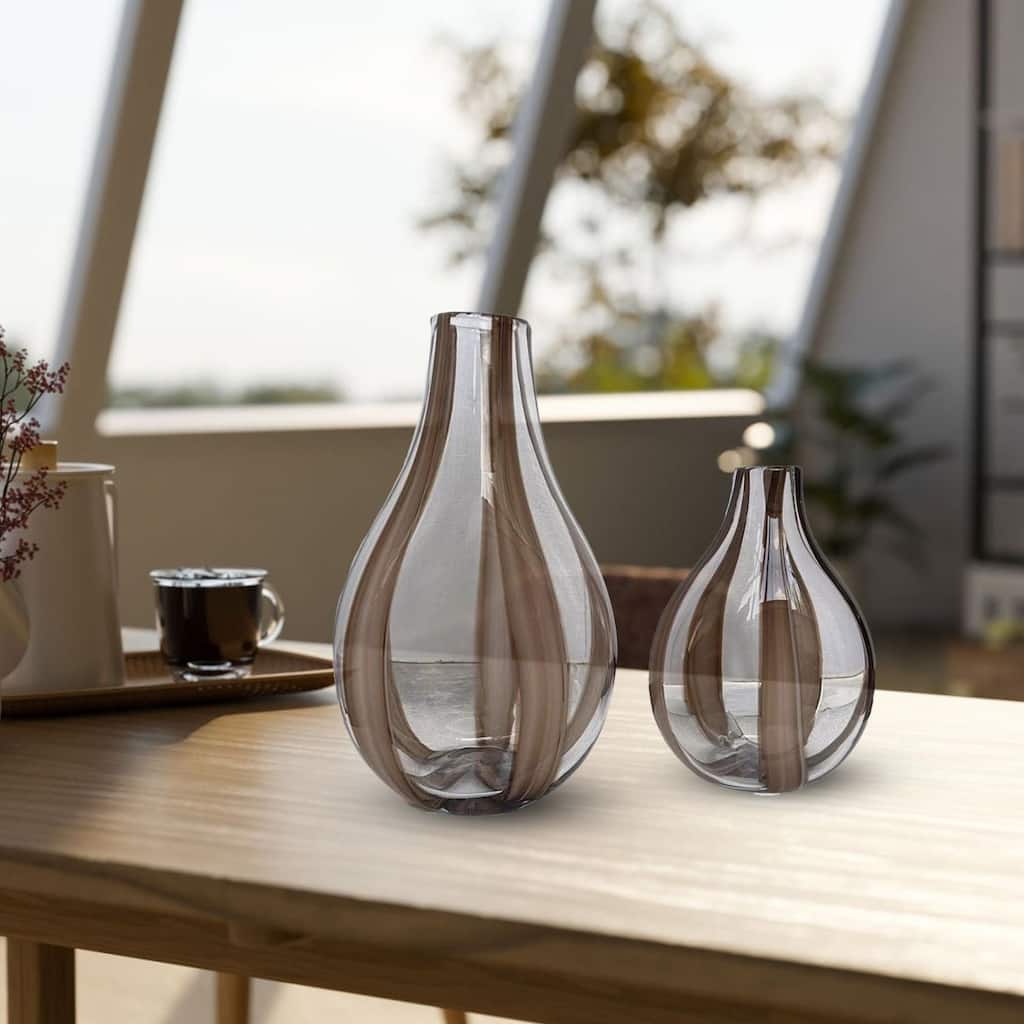 Brown Striped Teardrop Handblown Glass Vases Set of 2 Modern Accent