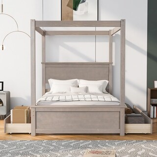Wooden Full Size Canopy Bed, Bedroom Light Brown Platform Bed with 4 ...
