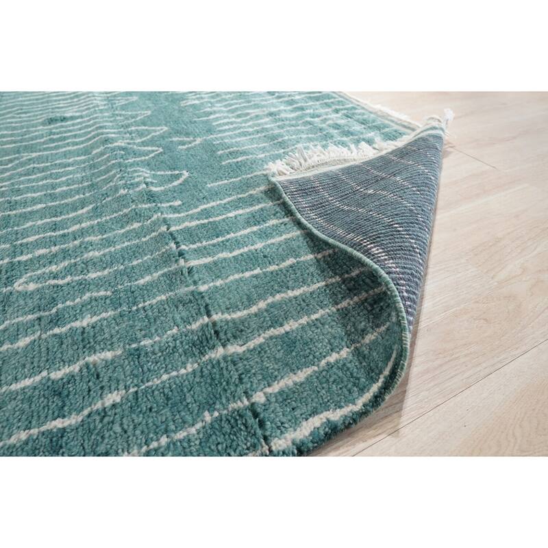 Green Hand Knotted Wool Modern Flat Weave Rug, 4' x 12', soft cozy area rug - L