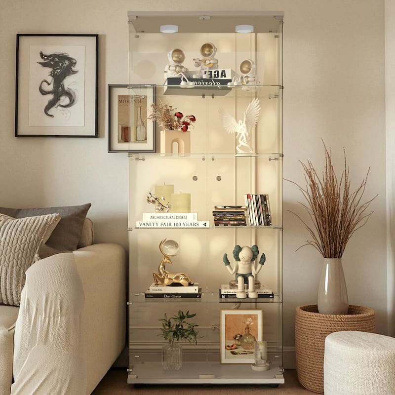 74.6" Tempered Glass Display Cabinet with Remote-Control Paipai Lights, Locking Doors & Adjustable Feet for Wine - White