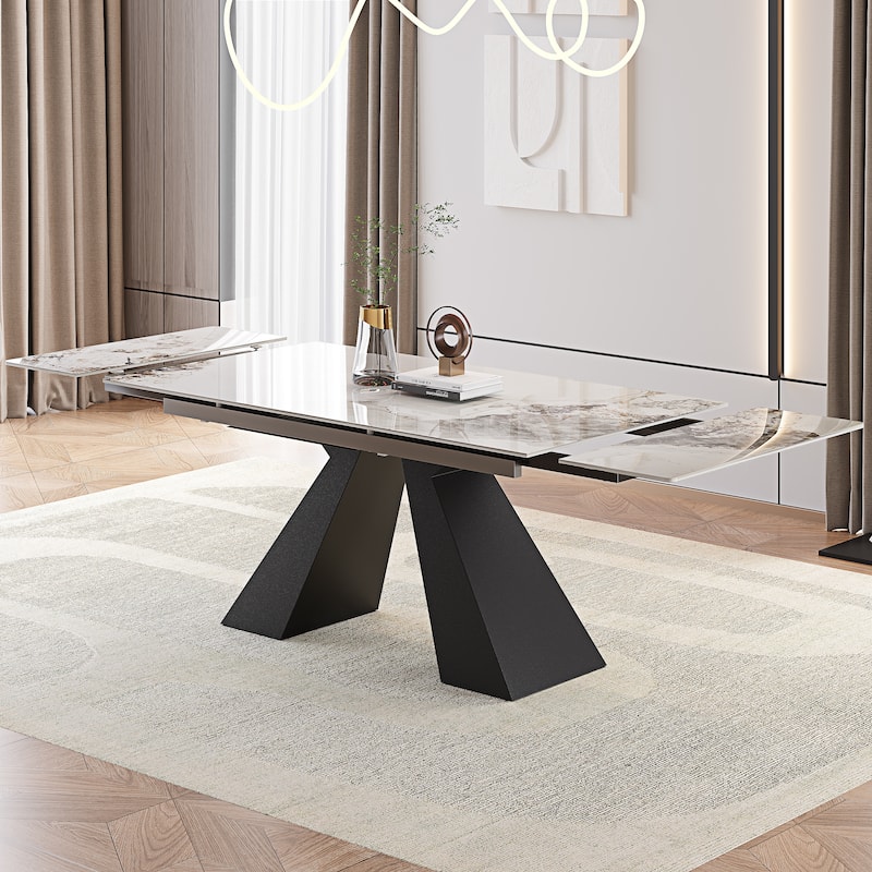 63'' to 94.5” Extendable Dining Table For 8-10 with Sintered Stone Table top and Metal Base - 94.48"