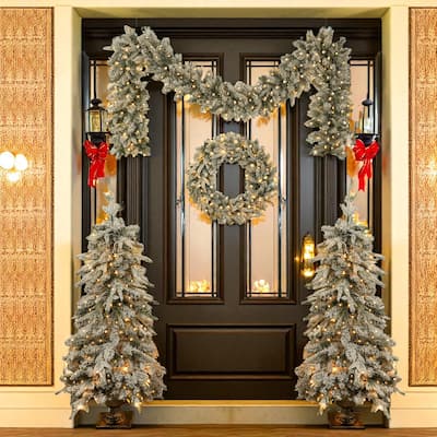 Pre-Lit 4-Piece Christmas Tree Set with LED Lights, 4FT Entrance Trees, 20" Wreath and 8.8FT Garland, PVC Decoration Kit
