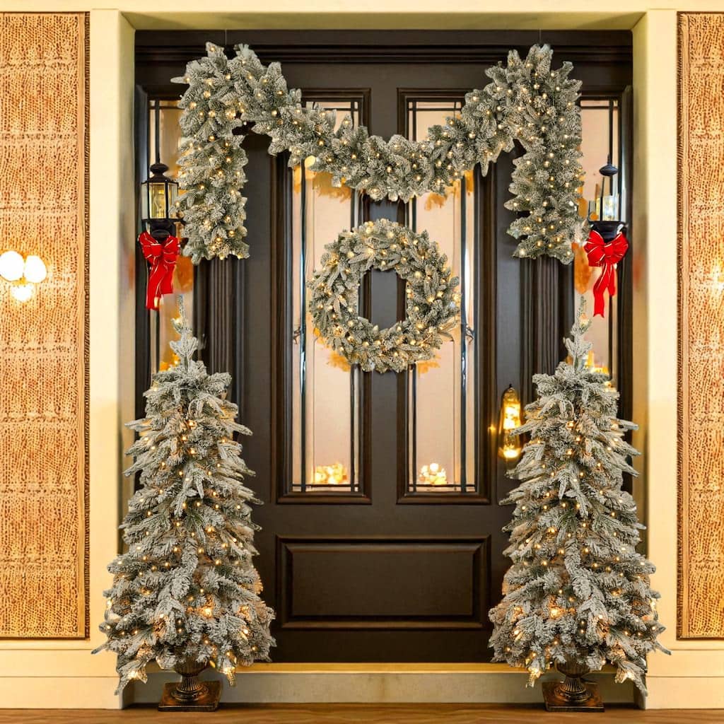 Pre-Lit 4-Piece Christmas Tree Set with LED Lights, 4FT Entrance Trees, 20" Wreath and 8.8FT Garland, PVC Decoration Kit