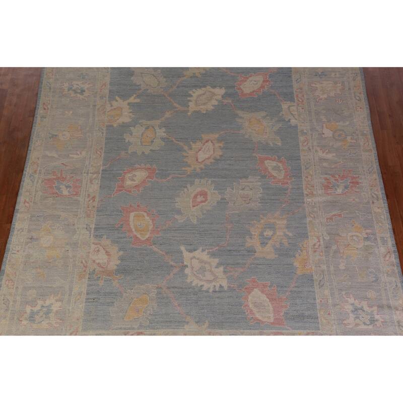 Hand Knotted Oriental 100% Wool Carpet Transitional All-Over Navy Blue & Blues Oushak Area Rug - 12' 5'' X 8' 11''