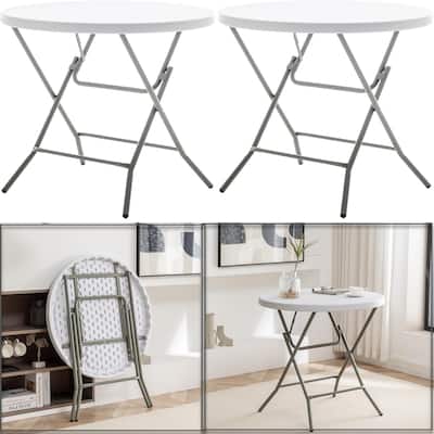 BTEXPERT White 2.63 Foot Round Plastic Folding 30" Height Portable for Dining Wedding Party Event Home Indoor Outdoor Set of 2
