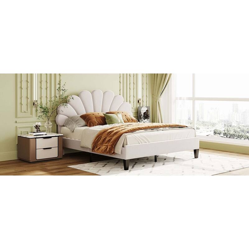 Upholstered Platform Bed with Flower Pattern Velvet Headboard