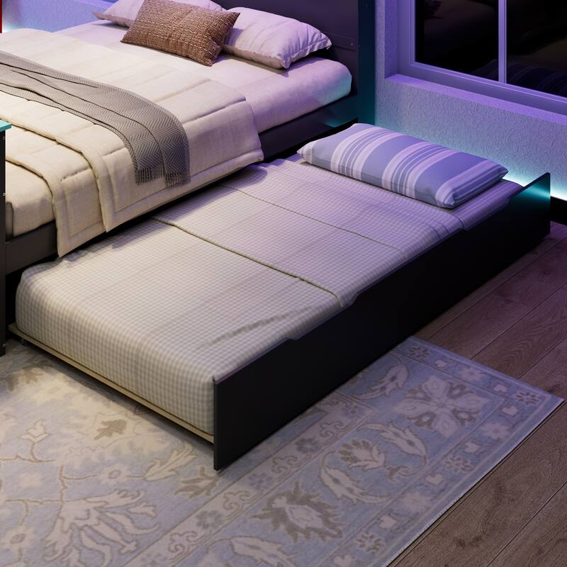 Wood Daybed with Trundle & Built-in Desk, LED Lights & USB Charging Port, Available in Full or Twin