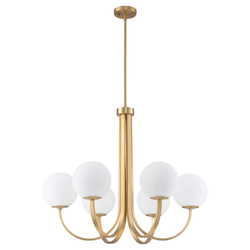 6-Light 32.2" Modern Gold Linear Cluster Globe Chandelier with Frosted Opal Glass Shade - 32.2 in. W x 26.7 in. H