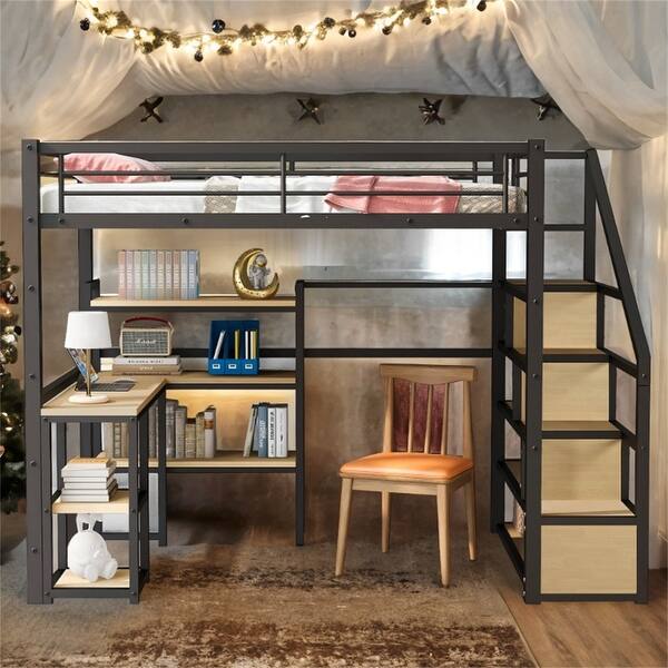 slide 2 of 12, Full Size Metal Loft Bed with Staircase, Built-in Desk and Shelves in Black Black