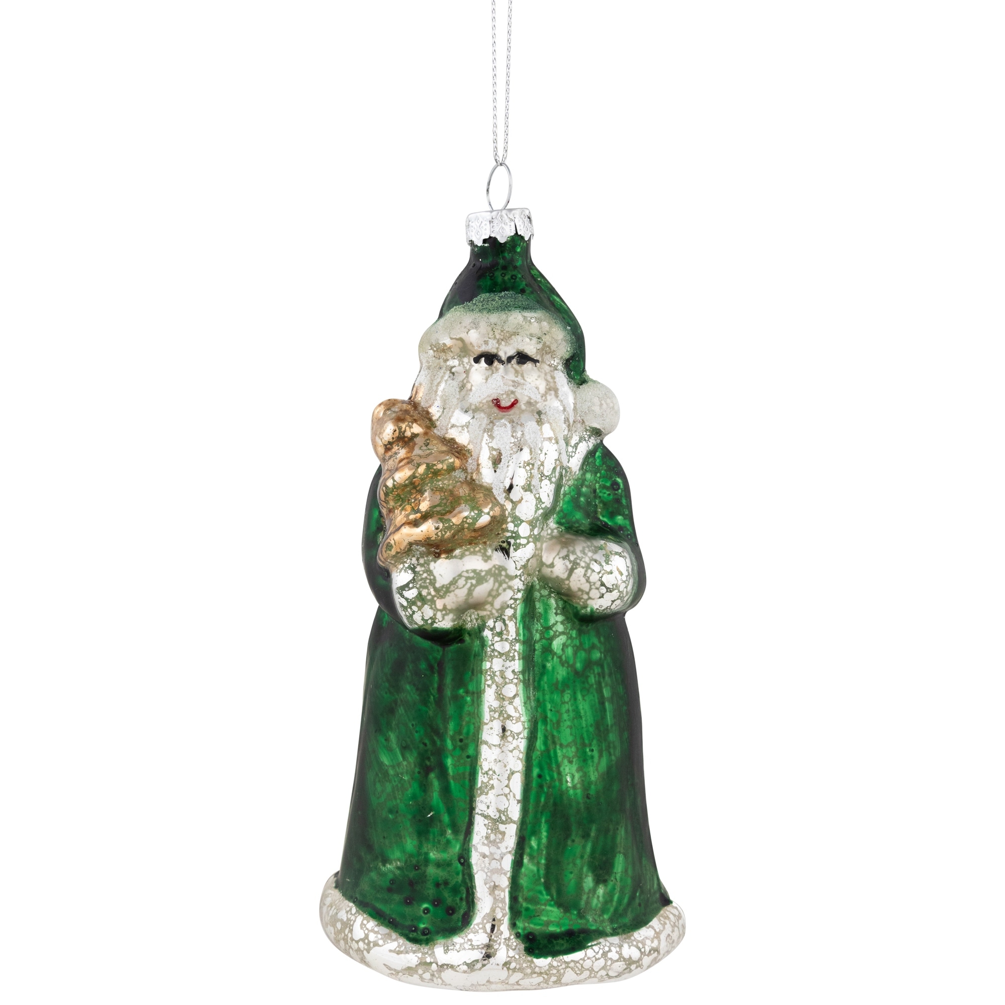 Nordic Santa Hanging Glass Christmas Ornament 5.5" Green and Silver