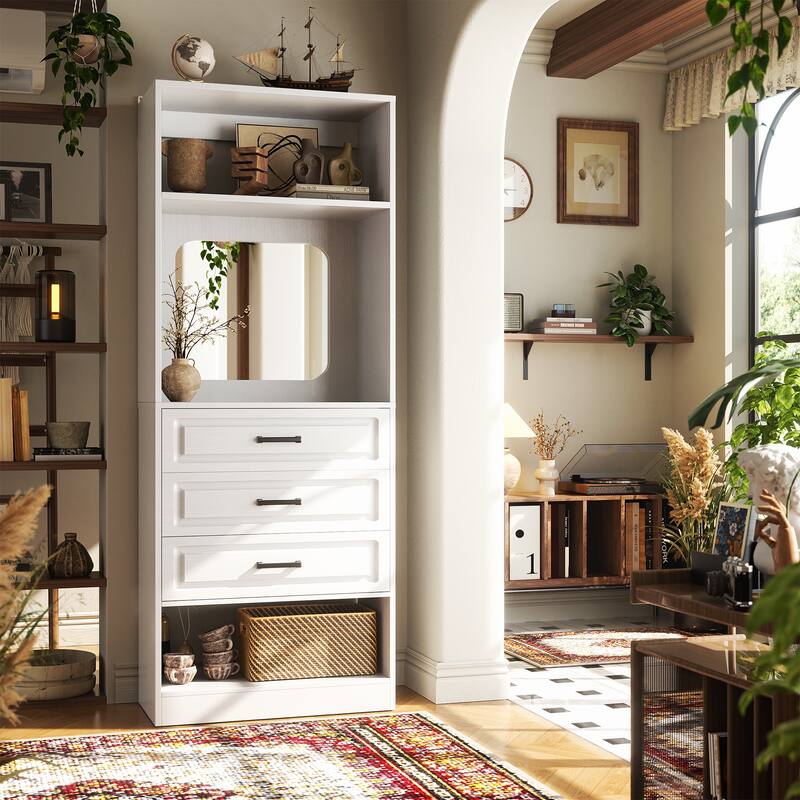 Cimly 25'' Freestanding Closet System with Drawers and Mirror, Display Shelves Organizer with Shelving