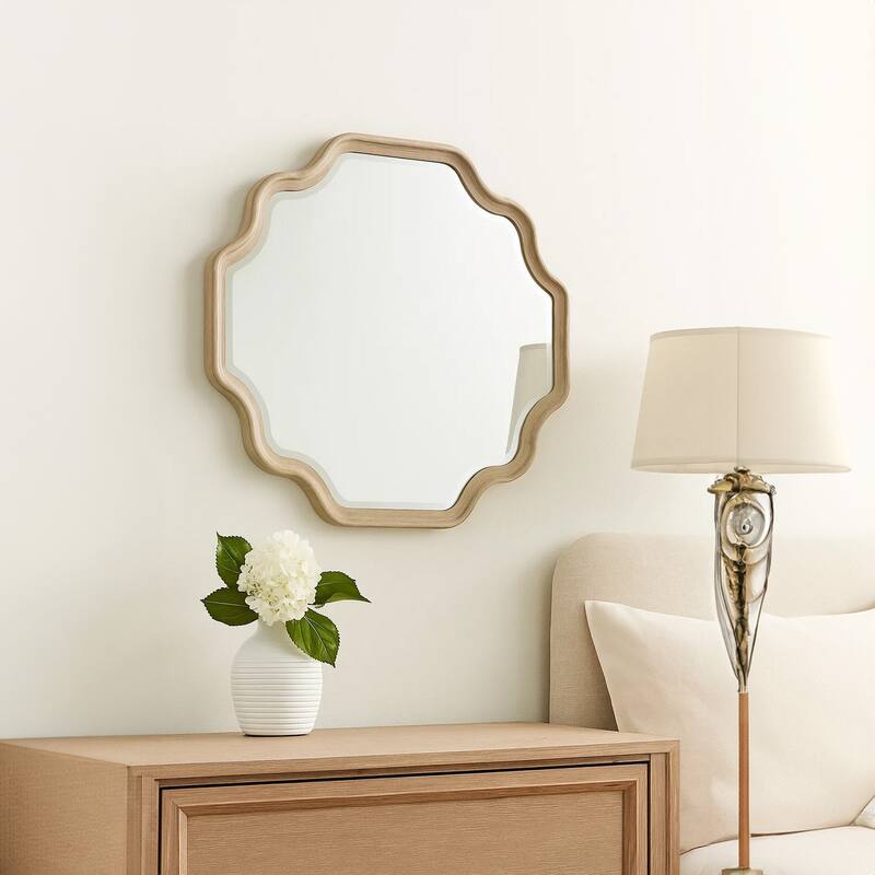 Fea Dresser Mirror, Natural Oak Brown Solid Wood, Scallop Edges, 40x47 - Natural Oak Brown