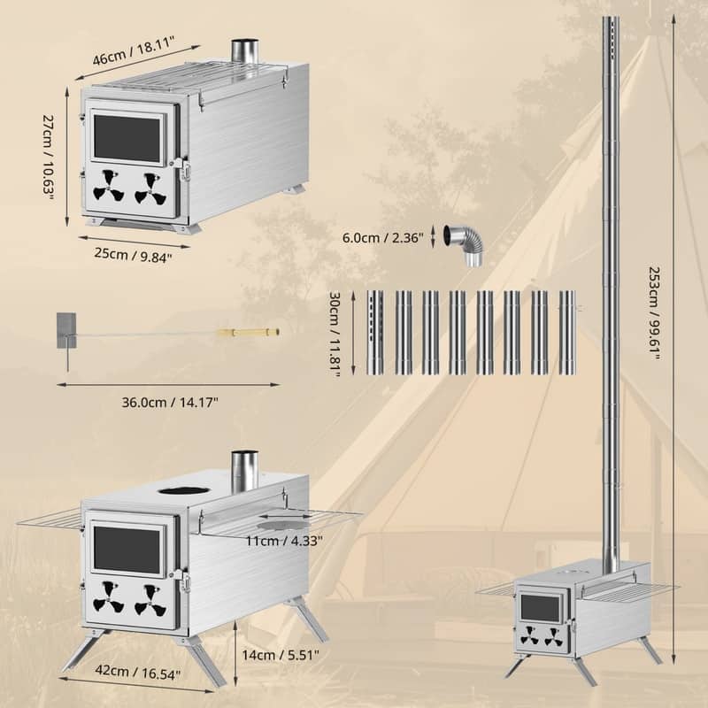 Hot Tent Stove, Portable Stainless Steel Wood Burning Stove, Camping
